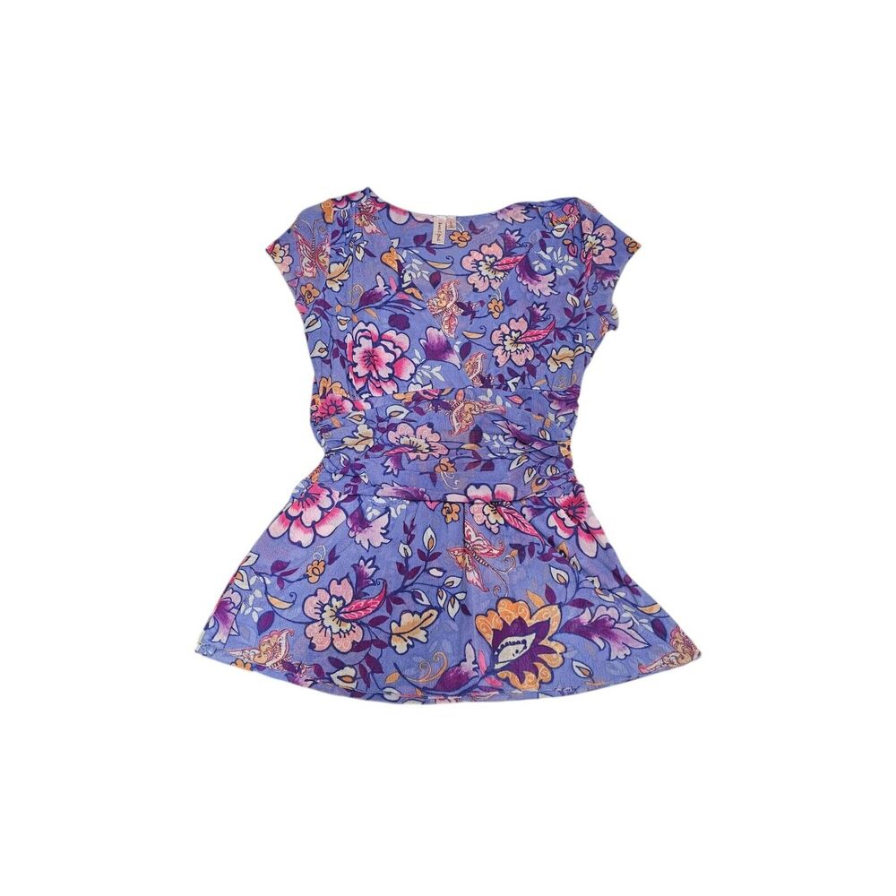 Womens Floral Mesh Babydoll Top Size L Purple Cap Sleeve Y2K Fairy Grunge Ruched